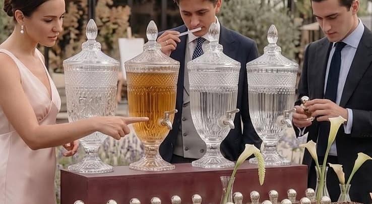 Gosti biraju miris za parfemskim barom — jedan miriše papirnatu trakicu, drugi drži bočicu.